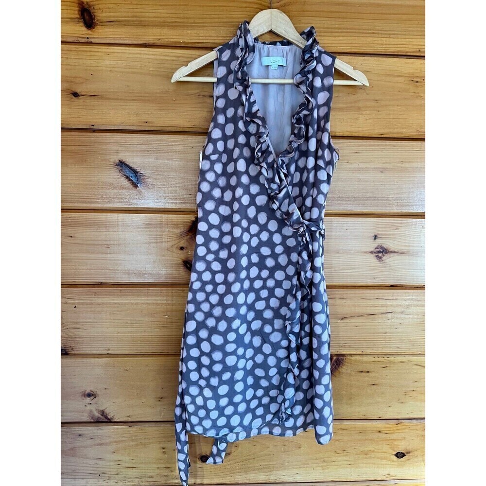 Ann Taylor Loft Ruffle V-Neck Gray Pink Side Zip Sleeveless Faux Wrap Dress 4